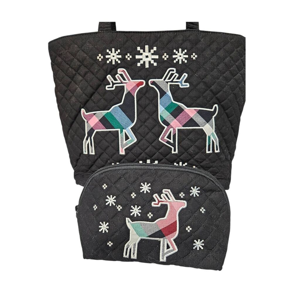Vera Bradley Black Quilted Tote with Colorful Reindeer and Matching Makeup Bag - Picture 3 of 10